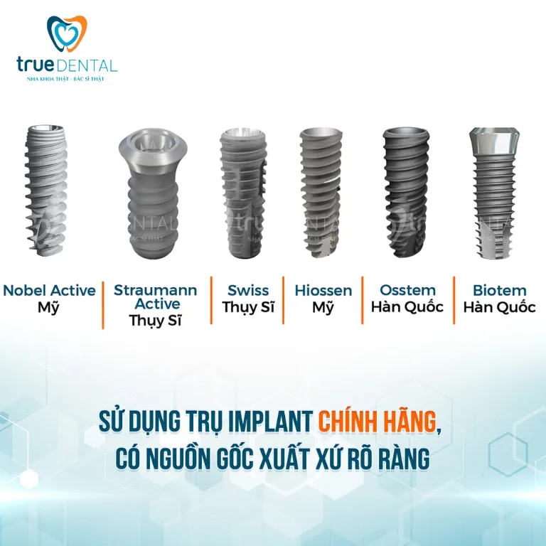 Implant tại True Dental có dùng trụ chính hãng không - Câu trả lời từ nha sĩ 2026 1 Các hãng trụ implant chính hãng mà implant tại True Dental sử dụng